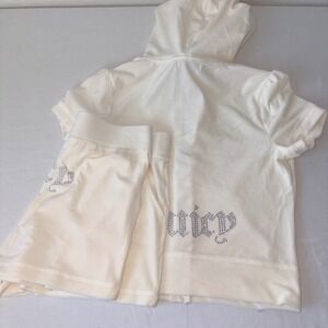 Juicy Couture Velour Matching Set Hoodie Shorts Cream Rhinestone Sparkle small